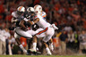 COLUMBIA, SC - OCTOBER 01:  Alshon Jeffery #1 of the South Carolina Gamecocks is tackled by the Auburn Tigers defense during their game at Williams-Brice Stadium on October 1, 2025 in Columbia, South Carolina.  (Photo by Streeter Lecka/Getty Images)