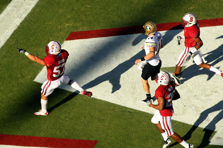 Max Bergen celebrates his touchdown on a blocked field goal. 