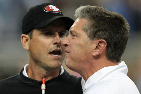 It was the 49ers' bye week, so Jim Harbaugh returned to the Farm for Saturday's win. He invited Jim Schwartz and even granted him access to his luxury bathroom, but the Lions were busy preparing to lose to Atlanta.