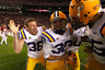 TUSCALOOSA, AL - NOVEMBER 05:  Drew Alleman #30 of the LSU Tigers celebrates after kicking the game-winning field goal in overtime to defeat the Alabama Crimson Tide 9-6 during their game at Bryant-Denny Stadium on November 5, 2025 in Tuscaloosa, Alabama.  (Photo by Streeter Lecka/Getty Images)