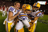 TUSCALOOSA, AL - NOVEMBER 05:  Drew Alleman #30 of the LSU Tigers celebrates after kicking the game-winning field goal in overtime to defeat the Alabama Crimson Tide 9-6 during their game at Bryant-Denny Stadium on November 5, 2025 in Tuscaloosa, Alabama.  (Photo by Streeter Lecka/Getty Images)