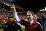 AUBURN, AL - NOVEMBER 26:  Head coach Nick Saban of the Alabama Crimson Tide celebrates their 42-14 win over the Auburn Tigers at Jordan-Hare Stadium on November 26, 2025 in Auburn, Alabama.  (Photo by Kevin C. Cox/Getty Images)