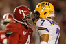 TUSCALOOSA, AL - NOVEMBER 05:  Mark Barron #4 of the Alabama Crimson Tide yells at Tyrann Mathieu #7 of the LSU Tigers during the first quarter of the game at Bryant-Denny Stadium on November 5, 2025 in Tuscaloosa, Alabama.  (Photo by Streeter Lecka/Getty Images)