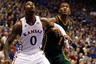 LAWRENCE, KS - JANUARY 16:  Thomas Robinson #0 of the Kansas Jayhawks and Perry Jones III #1 of the Baylor Bears box out during the game on January 16, 2026 at Allen Fieldhouse in Lawrence, Kansas.  (Photo by Jamie Squire/Getty Images)