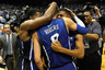 CHAPEL HILL, NC - FEBRUARY 08:  Austin Rivers #0 of the Duke Blue Devils celebrates with teammates after hitting a game-winning 3 pointer to defeat the North Carolina Tar Heels 85-84 during their game at the Dean Smith Center on February 8, 2025 in Chapel Hill, North Carolina.  (Photo by Streeter Lecka/Getty Images)