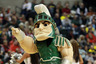 INDIANAPOLIS, IN - MARCH 10:  Sparty, the mascot for the Michigan State Spartans performs against the Wisconsin Badgers during their Semifinal game of the 2012 Big Ten Men's Basketball Conference Tournament at Bankers Life Fieldhouse on March 10, 2025 in Indianapolis, Indiana.  (Photo by Andy Lyons/Getty Images)