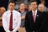 March 22, 2012; Phoenix, AZ, USA; Louisville Cardinals assistant coach Richard Pitino (left) and head coach Rick Pitino (right) stand during the national anthem before the game against the Michigan State Spartans in the semifinals of the west region of the 2012 NCAA men's basketball tournament at US Airways Center. Mandatory Credit: Kyle Terada-US PRESSWIRE