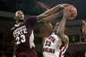 February 29, 2012; Columbia, SC, USA; Mississippi State Bulldogs forward Arnett Moultrie (23) blocks the shot of South Carolina Gamecocks forward R.J. Slawson (33) in the first half at Colonial-Life Arena. Mandatory Credit: Jeff Blake-US PRESSWIRE