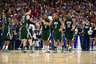Mar 23, 2012; St. Louis, MO, USA; Ohio Bobcats guard Walter Offutt (3) and teammates react during the second half of the semifinals in the midwest region of the 2012 NCAA men's basketball tournament against the North Carolina Tar Heels at the Edward Jones Dome.  Mandatory Credit: Scott Rovak-US PRESSWIRE