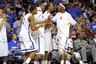Mar 9, 2012; Memphis, TN, USA;  Memphis Tigers guard Will Barton (5), forward Ferrakohn Hall (0),  guard/forward Wesley Witherspoon (11), and  guard Chris Crawford (3) celebrate their victory in the game against the UCF Knights during the second half of the semi finals of the Conference USA Tournament at the FedEx Forum.  The Memphis Tigers defeated the UCF Knights 83-52.  Mandatory Credit: Spruce Derden-US PRESSWIRE