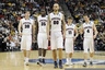 Mar 15, 2012; Pittsburgh, PA, USA; Gonzaga Bulldogs players Mike Hart (30) , Sam Dower (35) , Robert Sacre (0) , David Stockton (11) and Kevin Pangos (4) walk up the floor in the second round of the 2012 NCAA men's basketball tournament against the West Virginia Mountaineers at the CONSOL Energy Center.  Mandatory Credit: Richard Mackson-US PRESSWIRE
