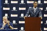 STORRS, CT- SEPTEMBER 13: Newly named University Of Connecticut basketball coach Kevin Ollie (L) speaks at a news conference basketball coach Jim Calhoun announced his retirement at a news conference on September 13, 2025 in Storrs, Connecticut. (Photo by Winslow Townson/Getty Images)
