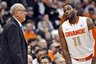 Syracuse's Scoop Jardine, right, reacts to head coach Jim Boeheim during the second half against William & Mary in the Legends Classic NCAA college basketball game in Syracuse, N.Y., Sunday, Nov. 21, 2010. Syracuse won 63-60. (AP Photo/Kevin Rivoli)