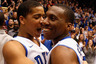DURHAM NC - FEBRUARY 09:  Andre Dawkins #20 of the Duke Blue Devils celebrates with teammate Nolan Smith #2 after defeating the North Carolina Tar heels 79-73 during their game at Cameron Indoor Stadium on February 9 2011 in Durham North Carolina.  (Photo by Streeter Lecka/Getty Images)