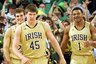 Notre Dame forward Jack Cooley, middle, and Tim Abromaitis, left and Tyrone Nash react to Cooley's block in the second half of an NCAA college basketball game on Monday, Feb. 28, 2011, in South Bend, Ind. Notre Dame won 93-72.  (AP Photo/Joe Raymond)